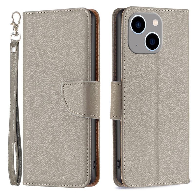 Κάλυμμα iPhone 15 Plus με κορδονι Litchi Faux Leather Με Λουράκι