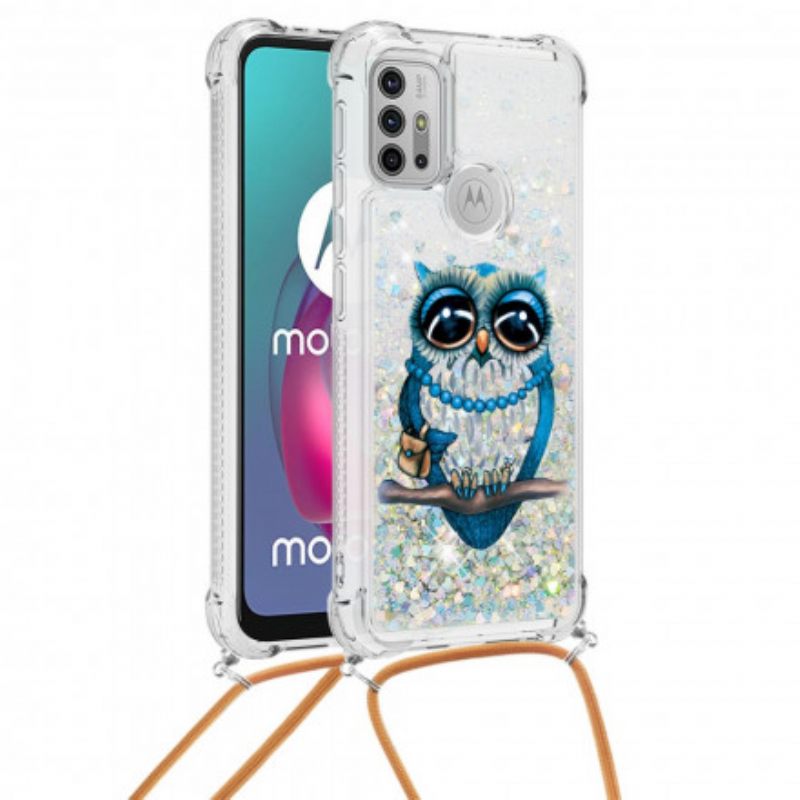 Θήκη Moto G10 / G30 με κορδονι Miss Owl Glitter Cord