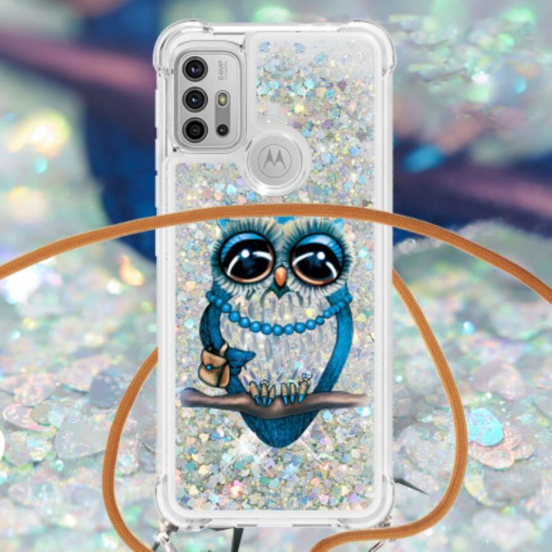 Θήκη Moto G10 / G30 με κορδονι Miss Owl Glitter Cord