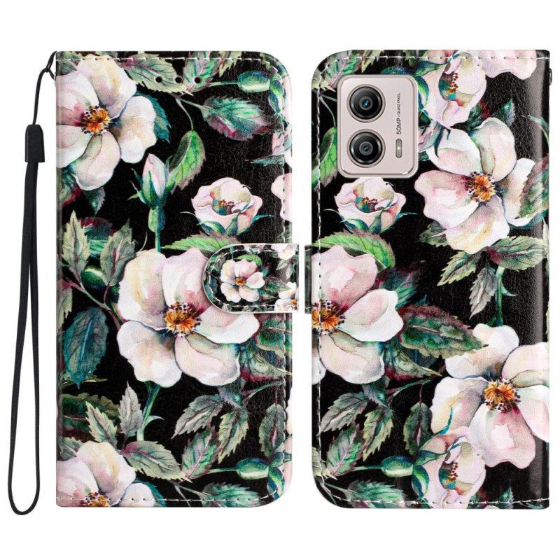 δερματινη θηκη Moto G73 5G με κορδονι Strap Magnolias