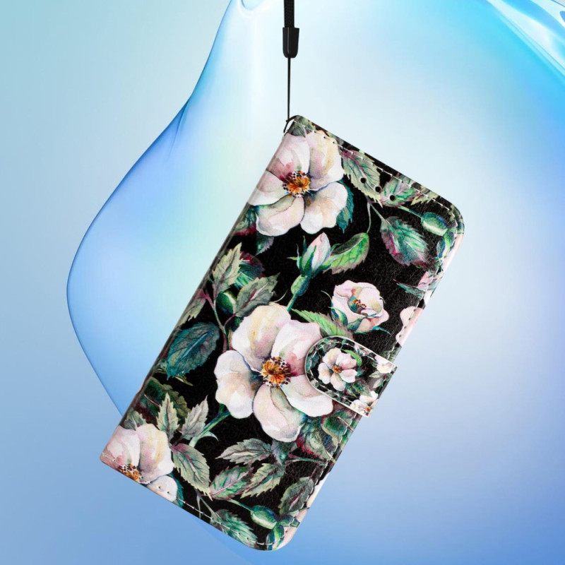 δερματινη θηκη Moto G73 5G με κορδονι Strap Magnolias