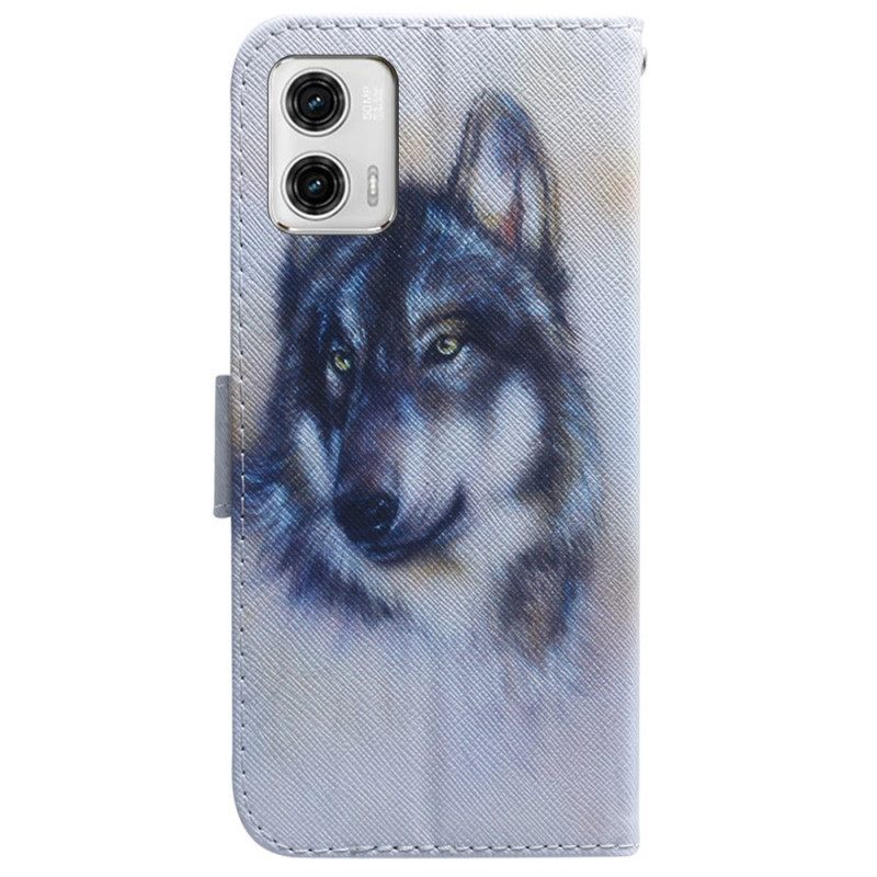 δερματινη θηκη Moto G73 5G με κορδονι Strappy Watercolor Wolf