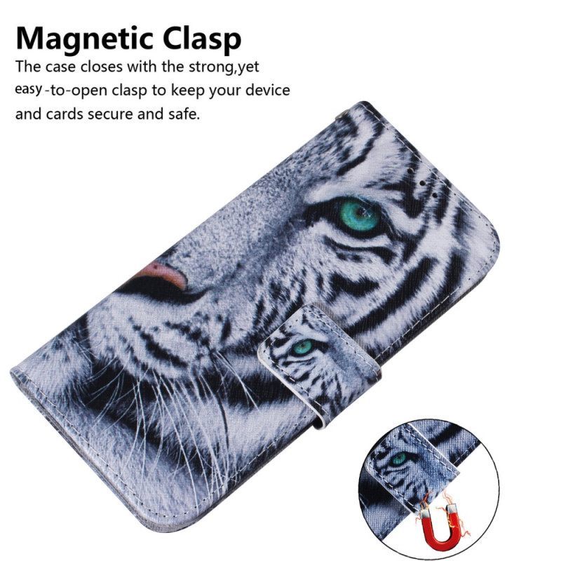 Κάλυμμα Moto G73 5G με κορδονι Strappy White Tiger