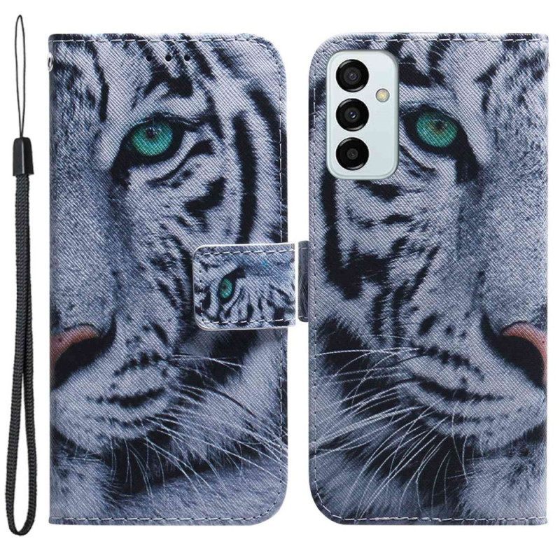 δερματινη θηκη Samsung Galaxy M13 με κορδονι Strappy White Tiger