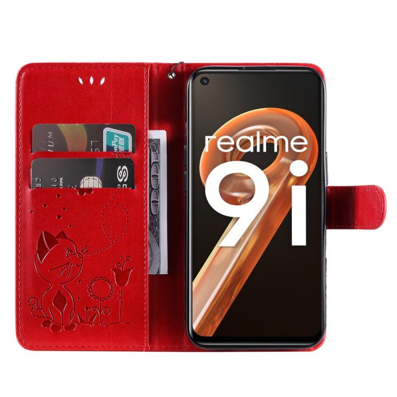 δερματινη θηκη Realme 9i με κορδονι Γάτα Και Πεταλούδα Με Λουράκι