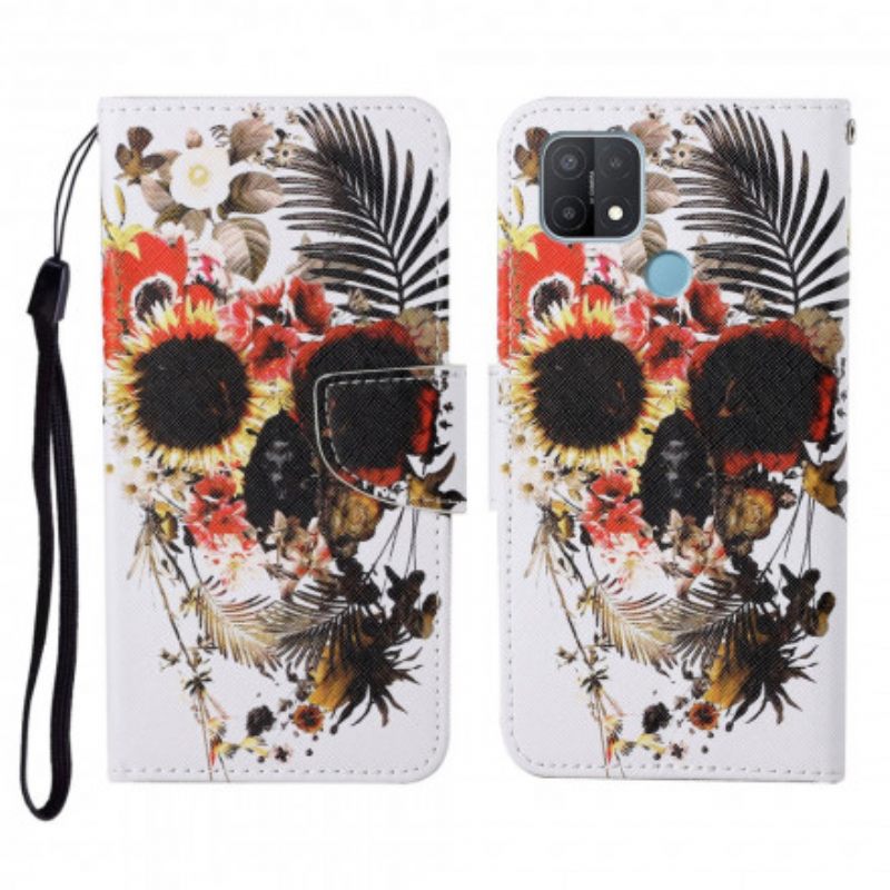 Θήκη Flip Oppo A15 Floral Skull Με Κορδόνι