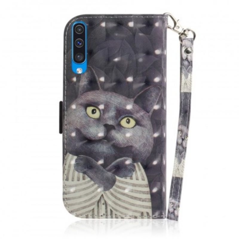 Θήκη Flip Samsung Galaxy A50 με κορδονι Γκρι Strappy Cat