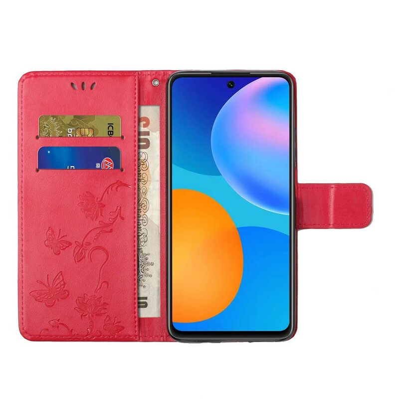 Θήκη Flip Samsung Galaxy A72 4G / 5G με κορδονι Πεταλούδες Και Λουλούδια Strappy