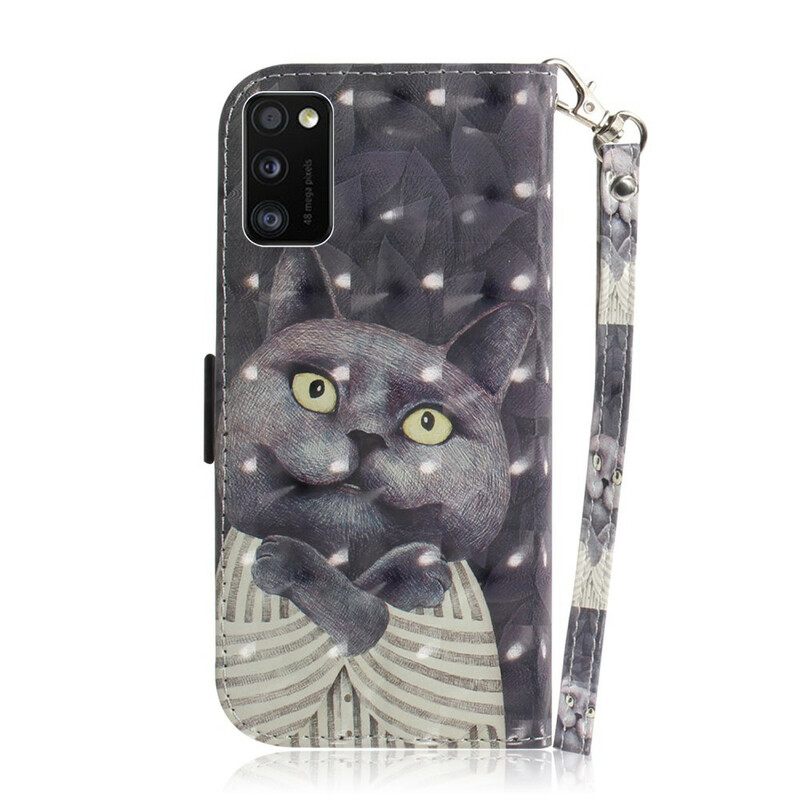 δερματινη θηκη Samsung Galaxy A41 με κορδονι Γκρι Strappy Cat