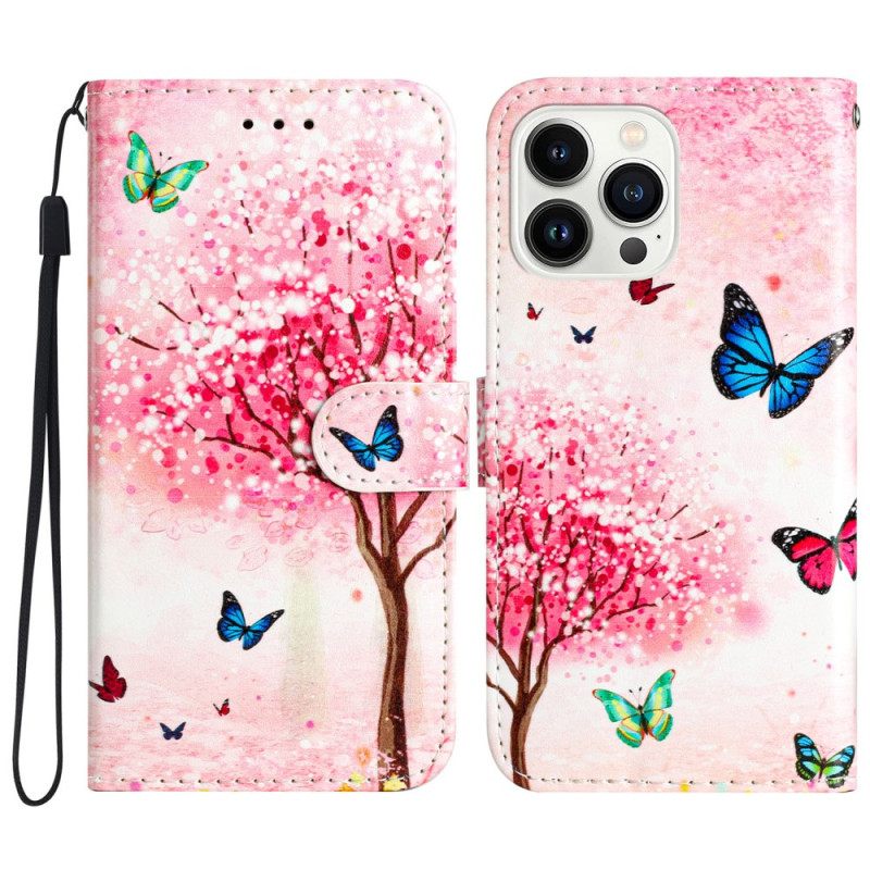 Δερματινη Θηκη iPhone 16 Pro Max Cherry Blossom Tree With Strap