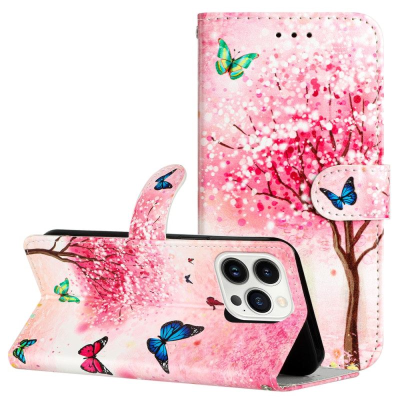 Δερματινη Θηκη iPhone 16 Pro Max Cherry Blossom Tree With Strap