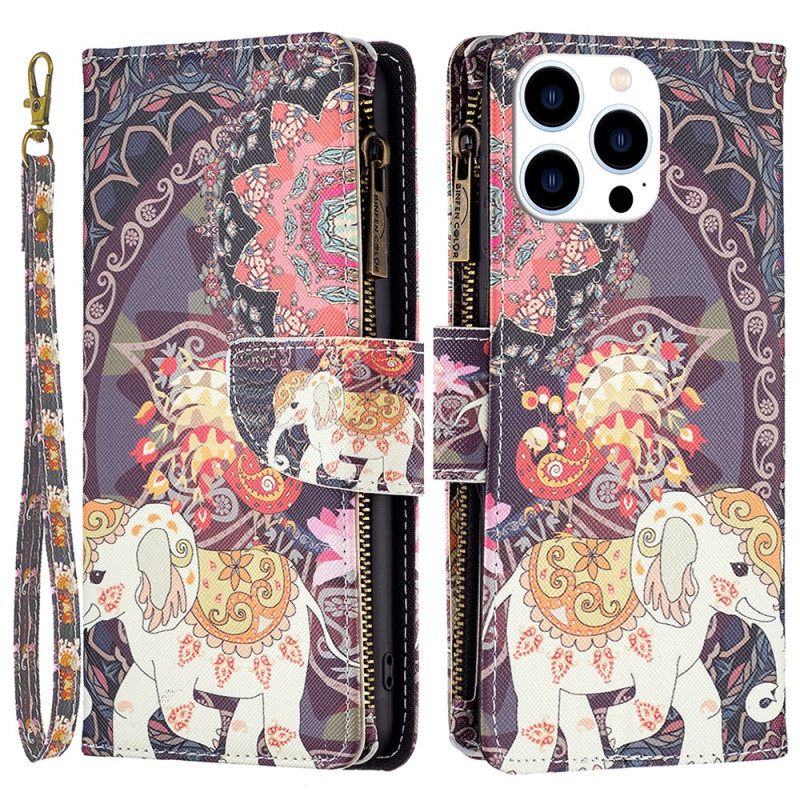 Δερματινη Θηκη iPhone 16 Pro Max Tribal Elephant Wallet With Strap Σιλικόνης