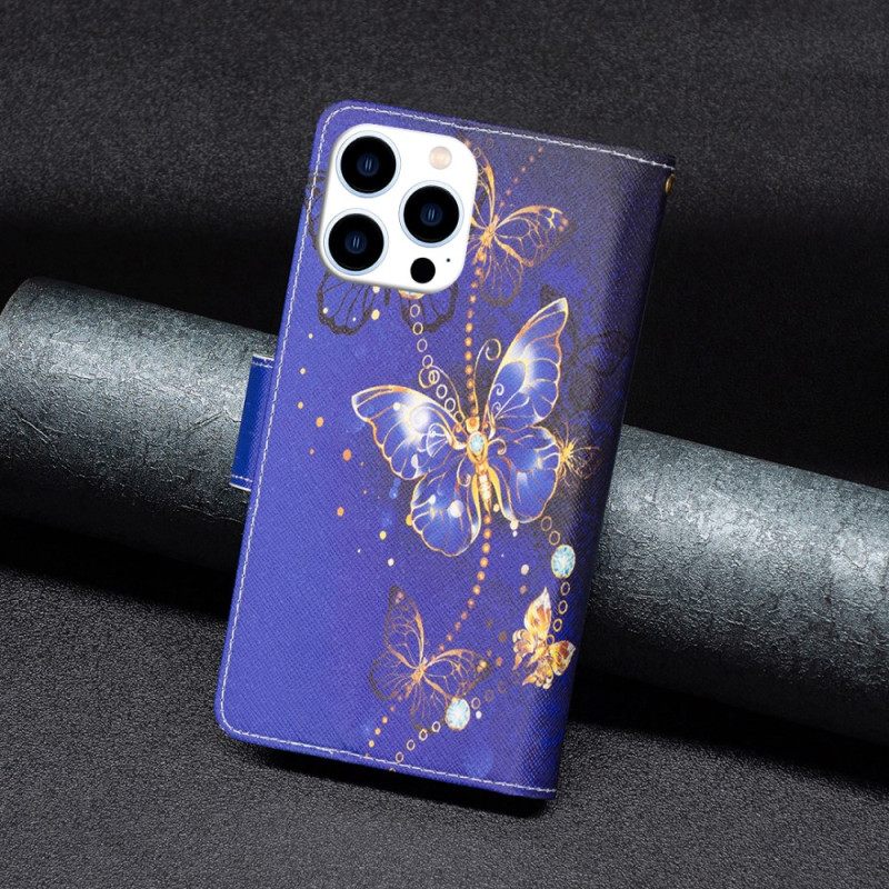 Θηκη Κινητου iPhone 16 Pro Max Πορτοφόλι Purple Butterflies Με Λουράκι