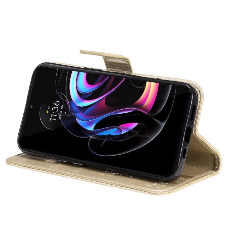 δερματινη θηκη Motorola Edge 20 Pro με κορδονι Δέντρο Και Strappy Cat