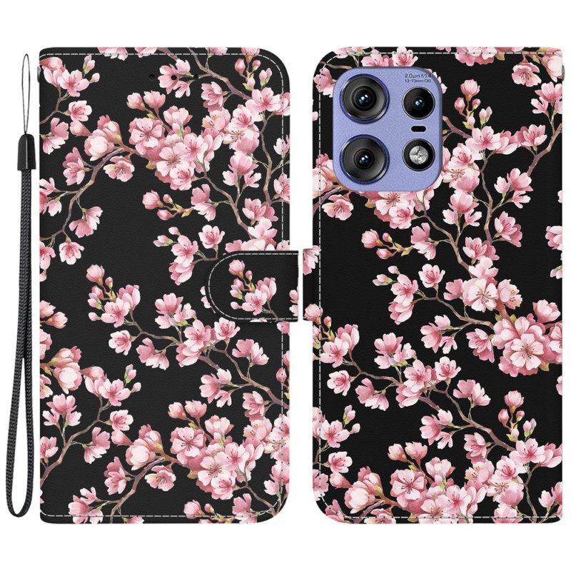 Δερματινη Θηκη Motorola Edge 50 Pro Plum Blossoms Με Λουράκι