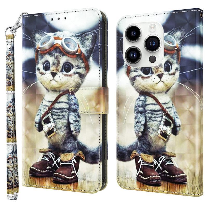 δερματινη θηκη iPhone 15 Pro Max με κορδονι Aviator Cat Με Λουράκι