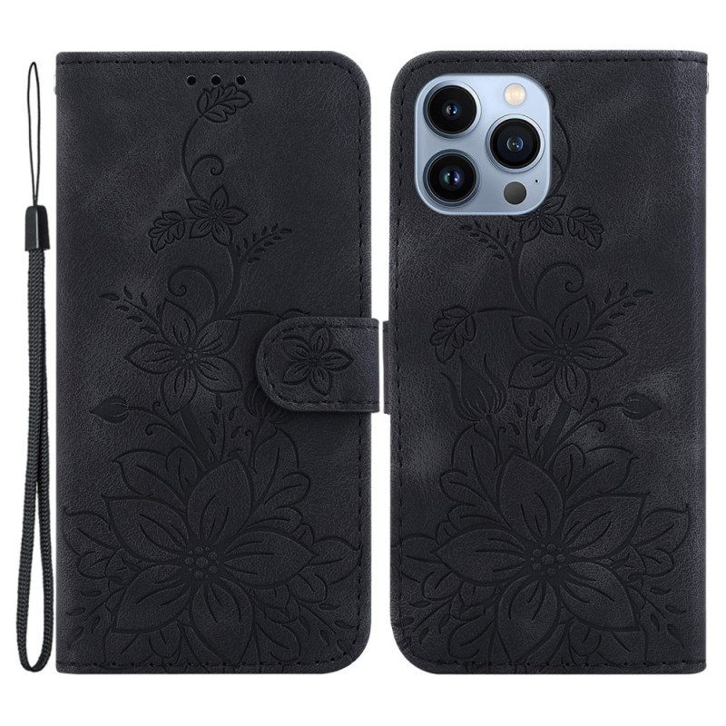 Θήκη Flip iPhone 15 Pro Max με κορδονι Floral Λουράκι