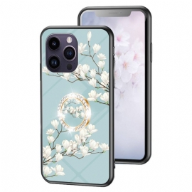 θηκη κινητου iPhone 15 Pro Max Floral Tempered Glass Με Δαχτυλίδι Στήριξης