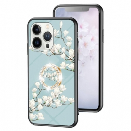 θηκη κινητου iPhone 15 Pro Floral Tempered Glass Με Δαχτυλίδι Στήριξης