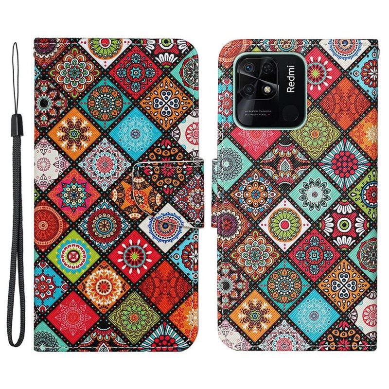 δερματινη θηκη Xiaomi Redmi 10C με κορδονι Strappy Patchwork