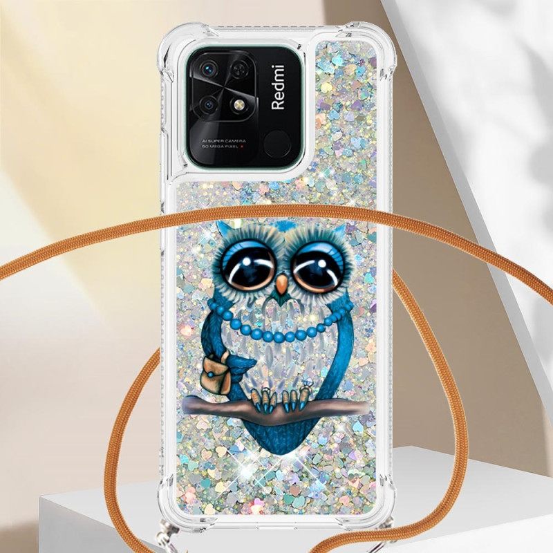 Θήκη Xiaomi Redmi 10C με κορδονι À Miss Owl Glitter Cord