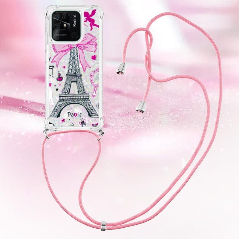 Θήκη Xiaomi Redmi 10C με κορδονι Πύργος Του Άιφελ Glitter Cord