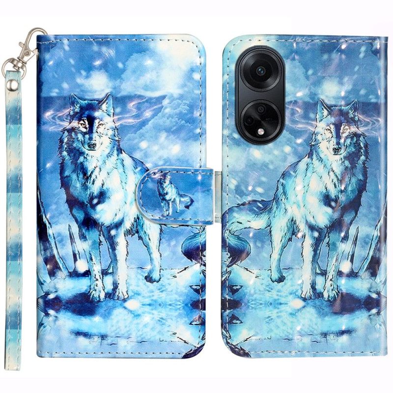 Δερματινη Θηκη Oppo A98 5g 3d Snow Wolf Με Λουράκι