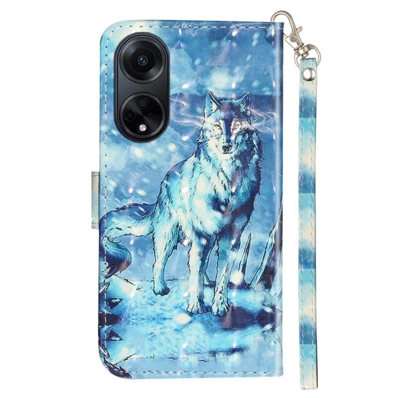 Δερματινη Θηκη Oppo A98 5g 3d Snow Wolf Με Λουράκι