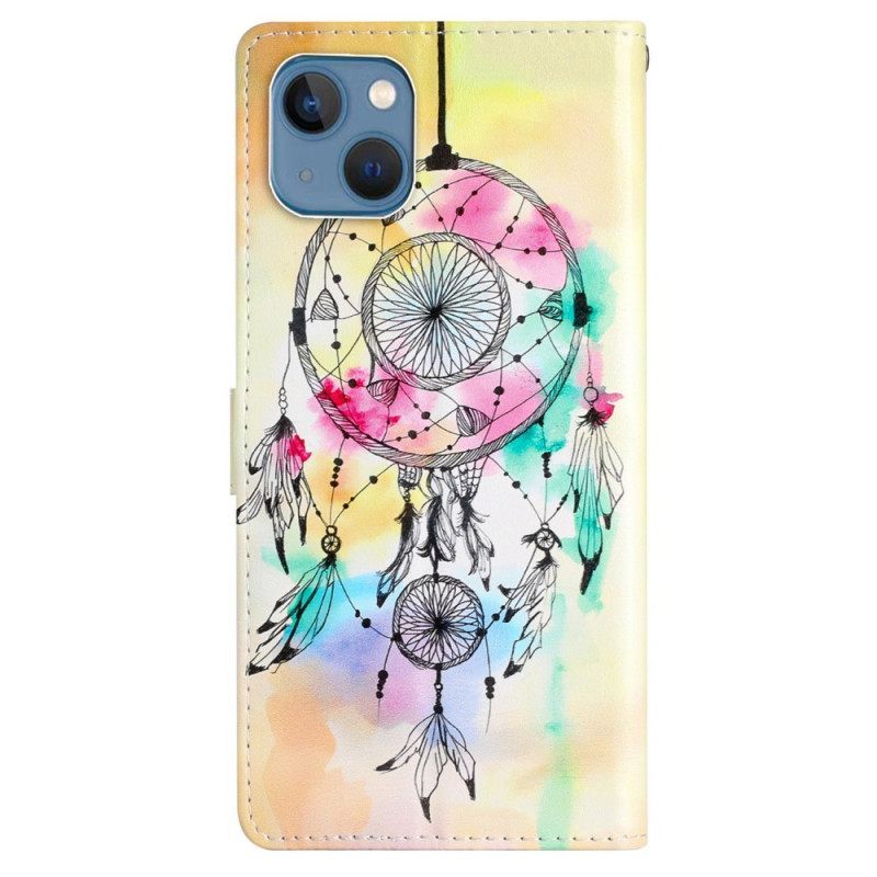 δερματινη θηκη iPhone 15 με κορδονι Ακουαρέλα Dream Catcher Με Λουράκι