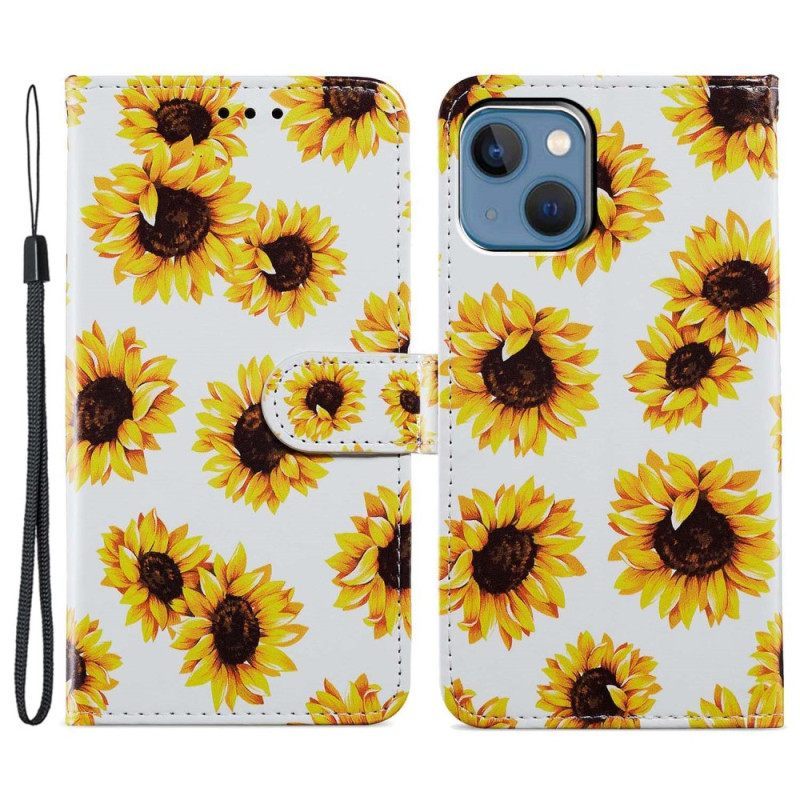 δερματινη θηκη iPhone 15 με κορδονι Strap Sunflowers