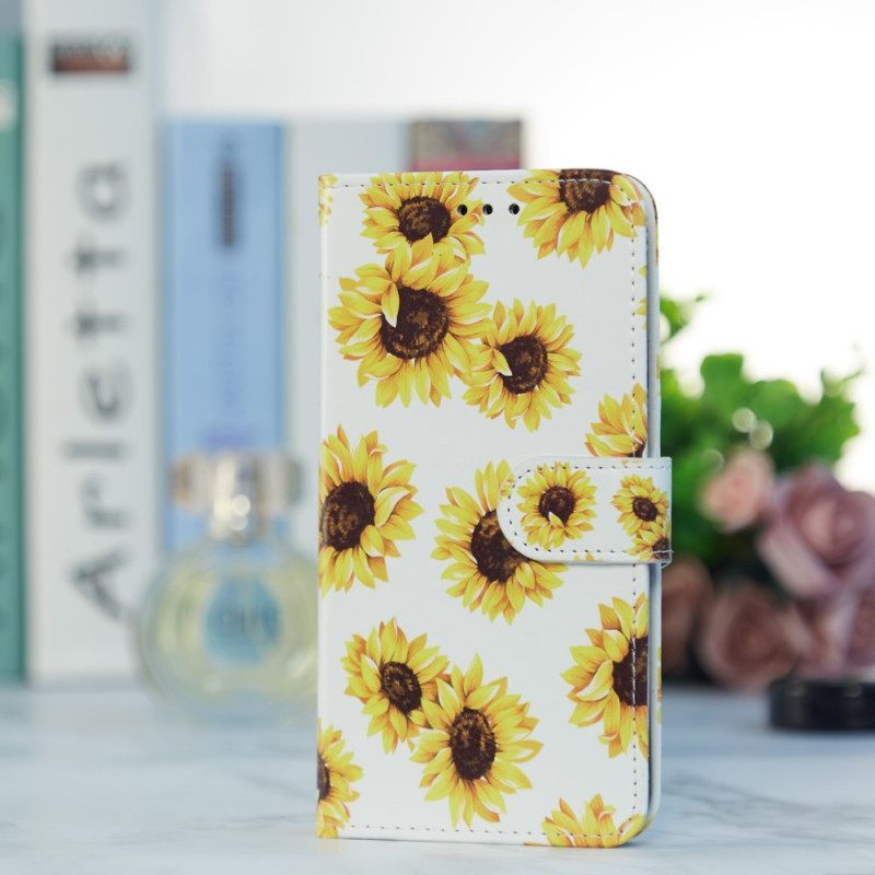 δερματινη θηκη iPhone 15 με κορδονι Strap Sunflowers