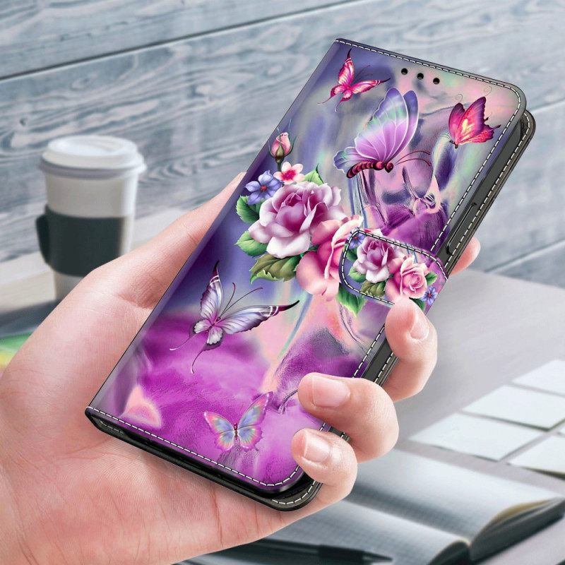 Δερματινη Θηκη Samsung Galaxy A55 5g Μωβ Πεταλούδες Και Λουλούδια