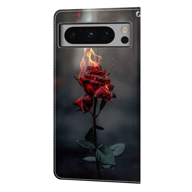 Δερματινη Θηκη Google Pixel 8 Pro Rose On Fire With Strap