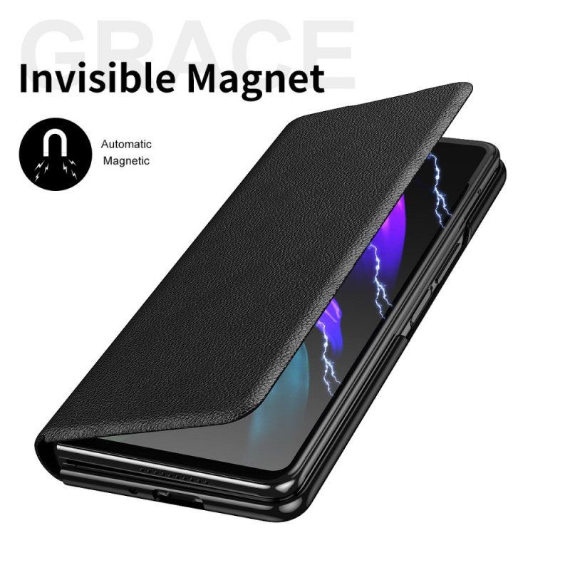 θηκη κινητου Samsung Galaxy Z Fold 3 5G Θήκη Flip Δερμάτινη Θήκη Γραφίδας Και Λουράκι Litchi