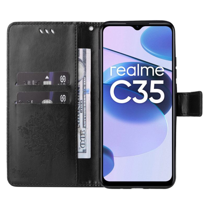 Κάλυμμα Realme C35 με κορδονι Πεταλούδα Γάτα Δέντρο Με Λουράκι