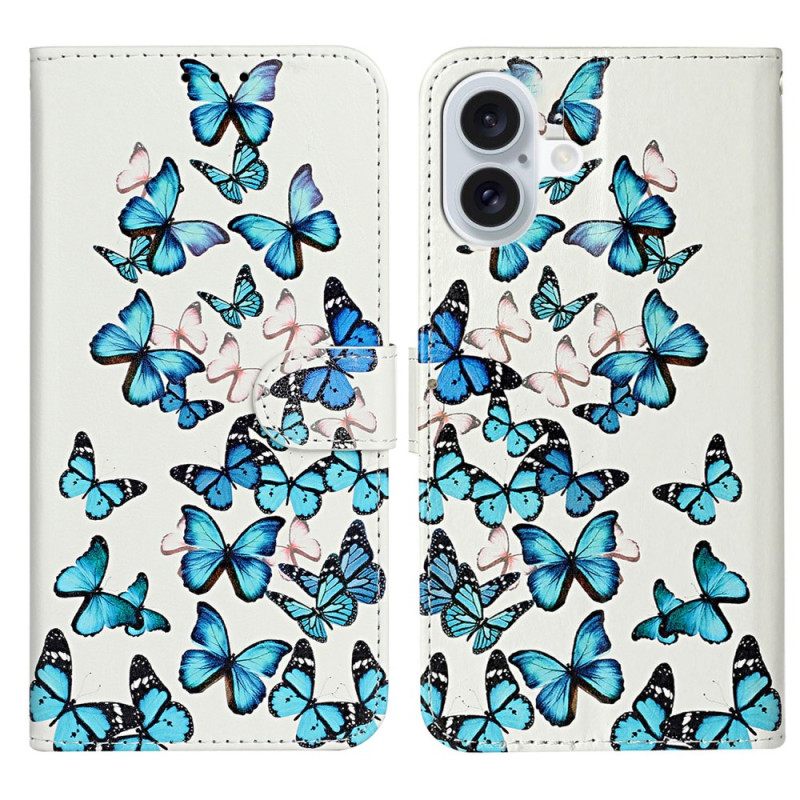 Δερματινη Θηκη iPhone 16 Plus Flight Of Blue Butterflies