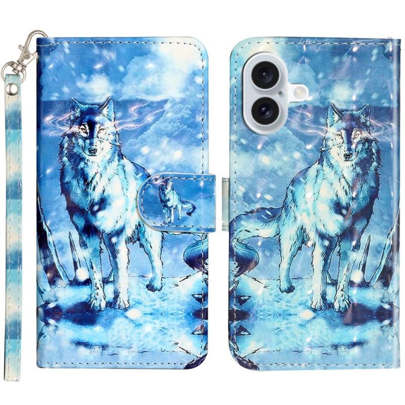 Δερματινη Θηκη iPhone 16 Plus Snow Wolf With Strap Σιλικόνης