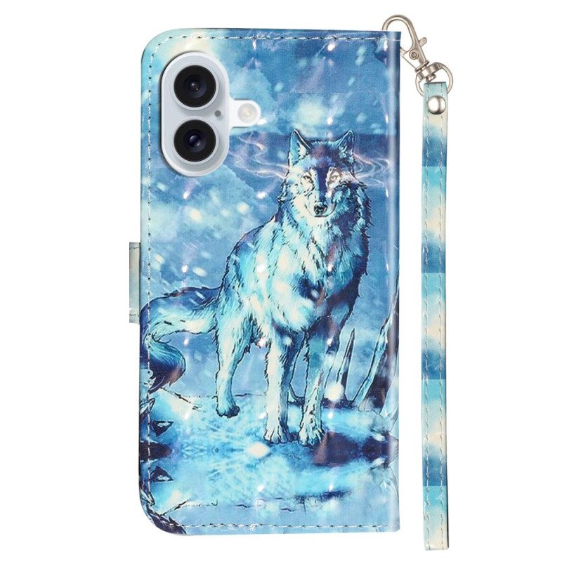 Δερματινη Θηκη iPhone 16 Plus Snow Wolf With Strap Σιλικόνης