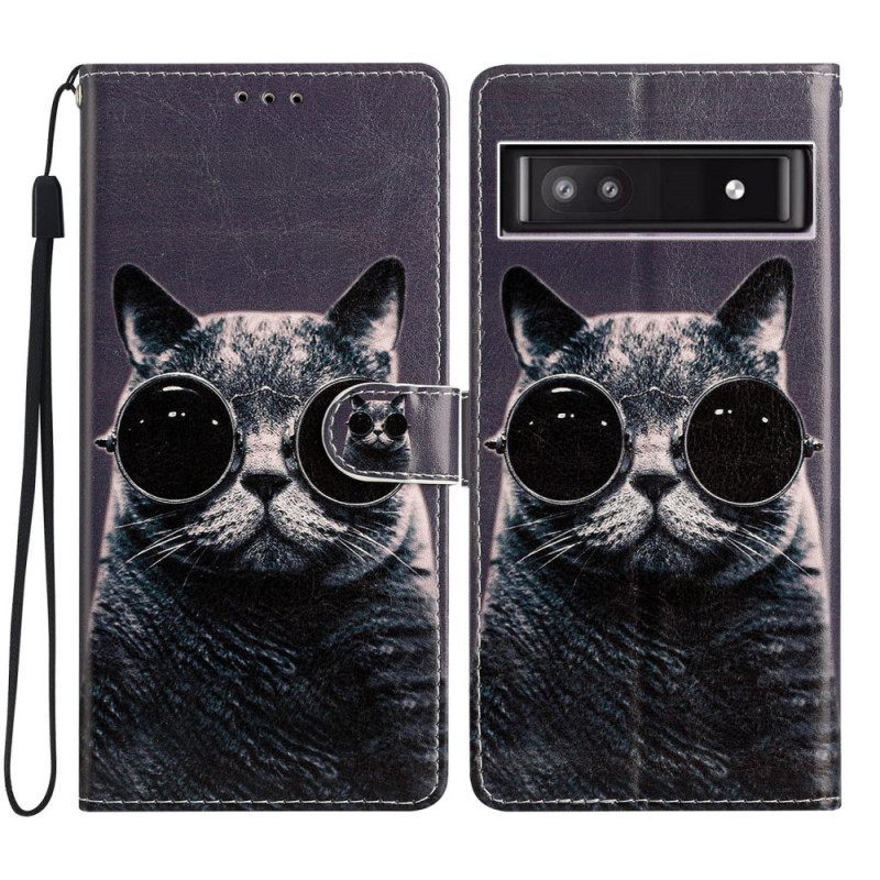 Θήκη Flip Google Pixel 7A με κορδονι Γυαλιά Strappy Cat