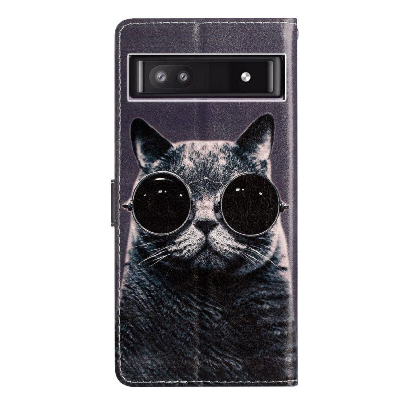 Θήκη Flip Google Pixel 7A με κορδονι Γυαλιά Strappy Cat