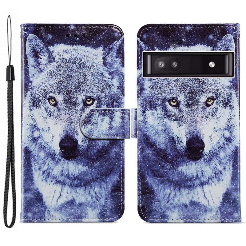 Θήκη Flip Google Pixel 7A με κορδονι Strappy Wolf Μου